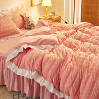 HKM-742419 Washed Cotton Seersucker Lace Four-Piece Bed Sheet Duvet Cover Set with Bed Skirt
