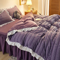 HKM-742419 Washed Cotton Seersucker Lace Four-Piece Bed Sheet Duvet Cover Set with Bed Skirt