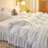 HKM-742419 Washed Cotton Seersucker Lace Four-Piece Bed Sheet Duvet Cover Set with Bed Skirt