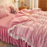 HKM-742419 Washed Cotton Seersucker Lace Four-Piece Bed Sheet Duvet Cover Set with Bed Skirt