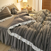 HKM-742419 Washed Cotton Seersucker Lace Four-Piece Bed Sheet Duvet Cover Set with Bed Skirt