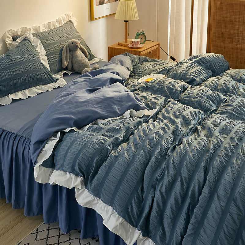 HKM-742419 Washed Cotton Seersucker Lace Four-Piece Bed Sheet Duvet Cover Set with Bed Skirt