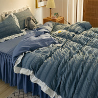 HKM-742419 Washed Cotton Seersucker Lace Four-Piece Bed Sheet Duvet Cover Set with Bed Skirt
