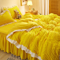 HKM-742419 Washed Cotton Seersucker Lace Four-Piece Bed Sheet Duvet Cover Set with Bed Skirt