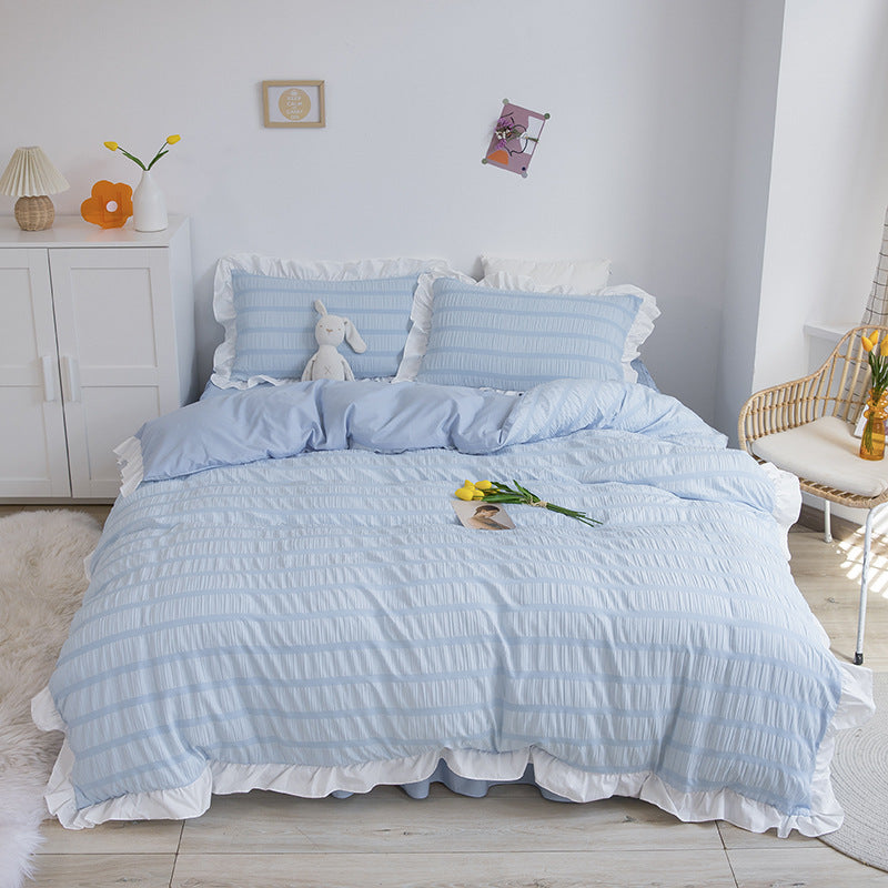 HKM-742419 Washed Cotton Seersucker Lace Four-Piece Bed Sheet Duvet Cover Set with Bed Skirt