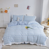 HKM-742419 Washed Cotton Seersucker Lace Four-Piece Bed Sheet Duvet Cover Set with Bed Skirt