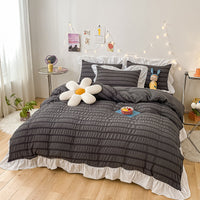 HKM-742419 Washed Cotton Seersucker Lace Four-Piece Bed Sheet Duvet Cover Set with Bed Skirt