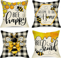 HKM-744083 Bee Festival Sunflower Linen Pillow Cover - Nordic Style 45x45cm Cushion Cover in Multiple Colors