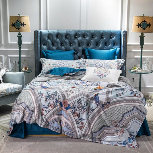 HKM-744403 Cotton Long-staple Satin Four-piece Bedding Set with Floral Patterns