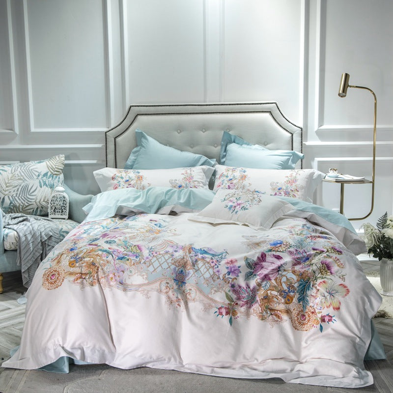 HKM-744403 Cotton Long-staple Satin Four-piece Bedding Set with Floral Patterns