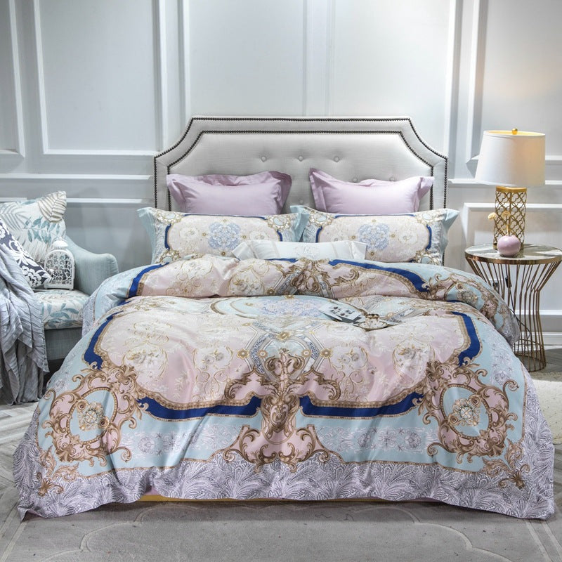 HKM-744403 Cotton Long-staple Satin Four-piece Bedding Set with Floral Patterns