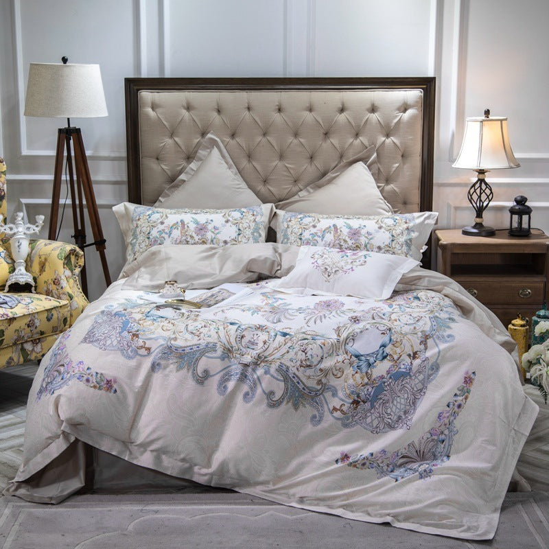 HKM-744403 Cotton Long-staple Satin Four-piece Bedding Set with Floral Patterns