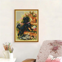 HKM-744403 Little Black Dog and Kitten 11CT Embroidery Kit - White Cloth, Multiple Thread Options