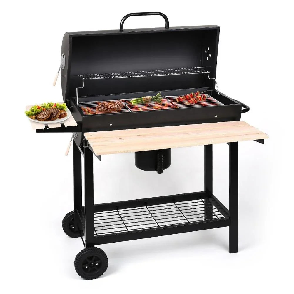 KTX-744915 Trolley Outdoor Charcoal Smoker Barrel BBQ Grill, Steel Construction, 95.5x63x105cm