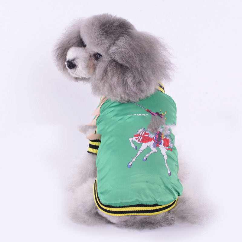 HKM-745171 Yokosuka Samurai Pet Clothes with Satin Fabric - Two-Legged Coat in Red and Green, Available in S to 2XL