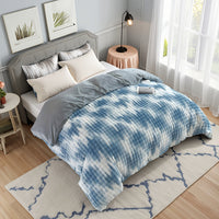 HKM-745555 Reversible Blue Velvet Camouflage Duvet Cover Set with Faux Rabbit Fur for All-Season Comfort