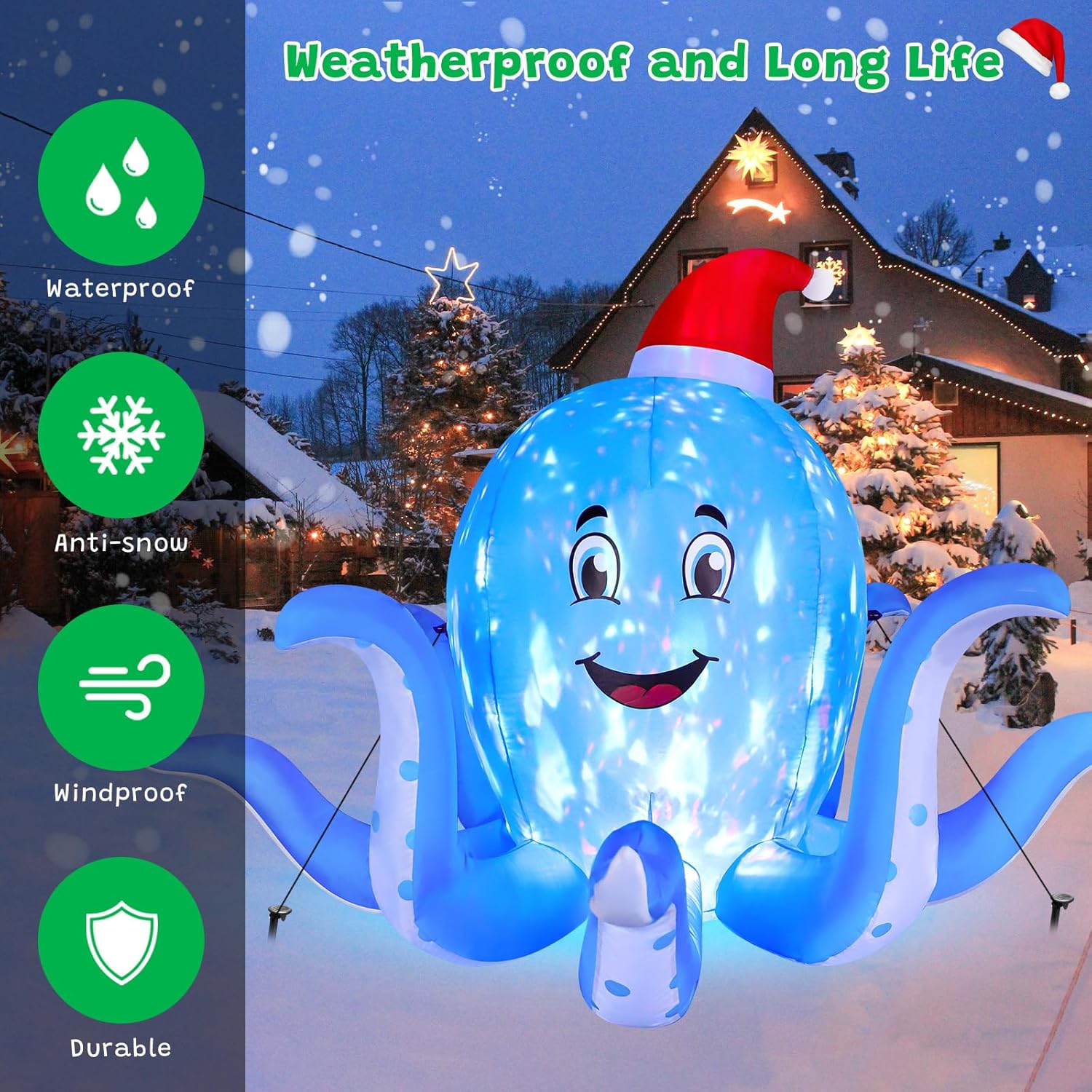 HKM-745747 7FT Inflatable Christmas Octopus with Rotating LED Light for Yard and Indoor Holiday Decor