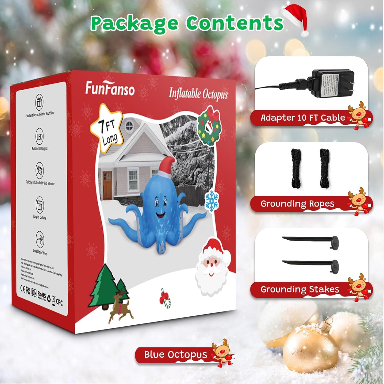 HKM-745747 7FT Inflatable Christmas Octopus with Rotating LED Light for Yard and Indoor Holiday Decor