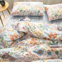 HKM-745875 Four-Piece Cotton Twill Bed Sheet Set with Duvet Cover and Pillowcases in Floral Pattern