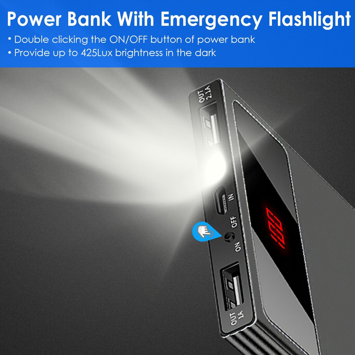 HKM-745939 20000mAh Dual USB Power Bank with LED Display and Emergency Flashlight, Ultra-Thin Design