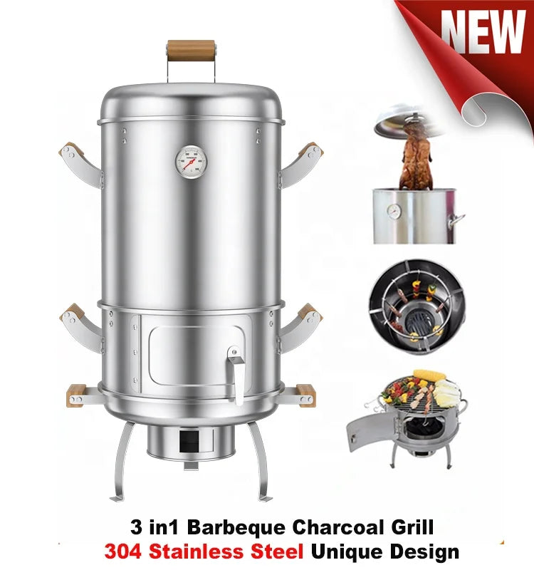 KTX-746067 304 Stainless Steel Portable Charcoal BBQ Grill and Chicken Roaster, 3-in-1 Multi-functional Design, Detachable Accessories