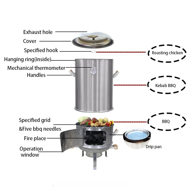 KTX-746067 304 Stainless Steel Portable Charcoal BBQ Grill and Chicken Roaster, 3-in-1 Multi-functional Design, Detachable Accessories