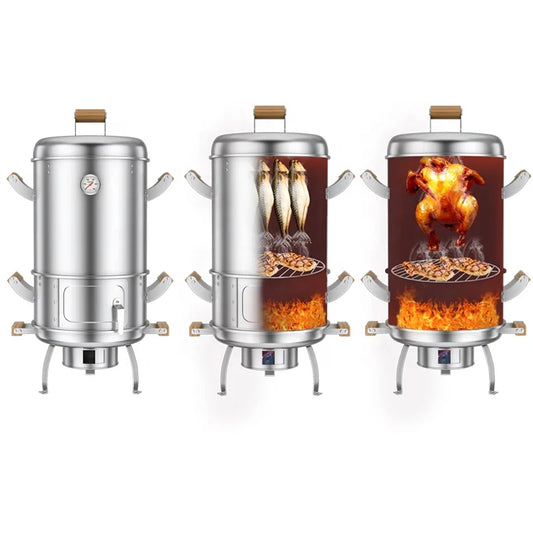 KTX-746067 304 Stainless Steel Portable Charcoal BBQ Grill and Chicken Roaster, 3-in-1 Multi-functional Design, Detachable Accessories