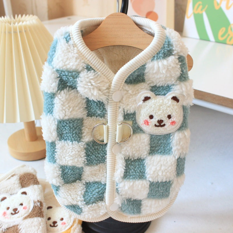 HKM-746131 Cozy Velvet Thermal Vest for Dogs in Checkerboard Pattern - Blue, Yellow, Brown, Sizes S-XXL