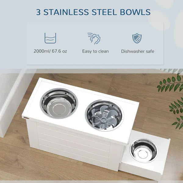 HKM-746579 Elevated Dog Feeding Station with Slow Feeder Mat, Storage Cabinet & 3 Stainless Steel Bowls for Large Dogs