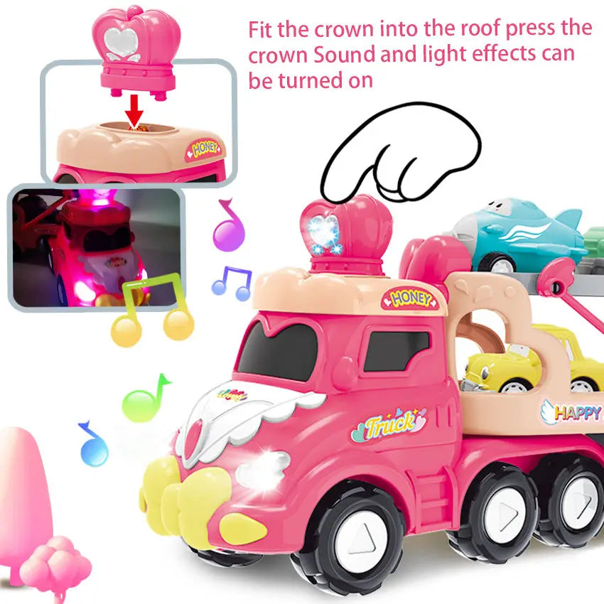 HKM-746963 Pull Back Inertia Truck Car Set with Lights and Music for Kids - Pink Friction Toy