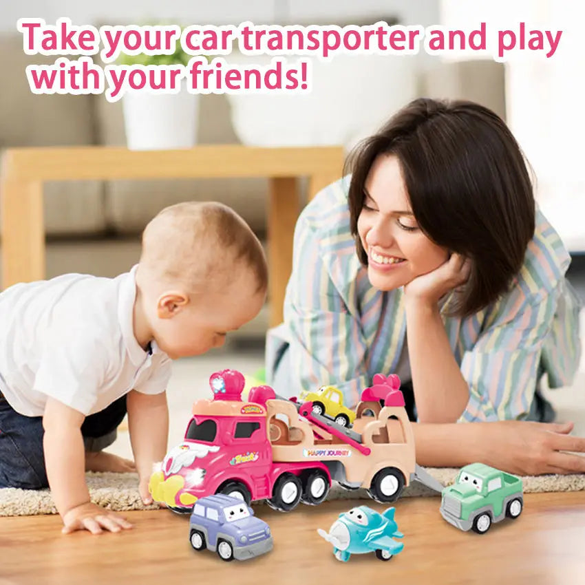 HKM-746963 Pull Back Inertia Truck Car Set with Lights and Music for Kids - Pink Friction Toy