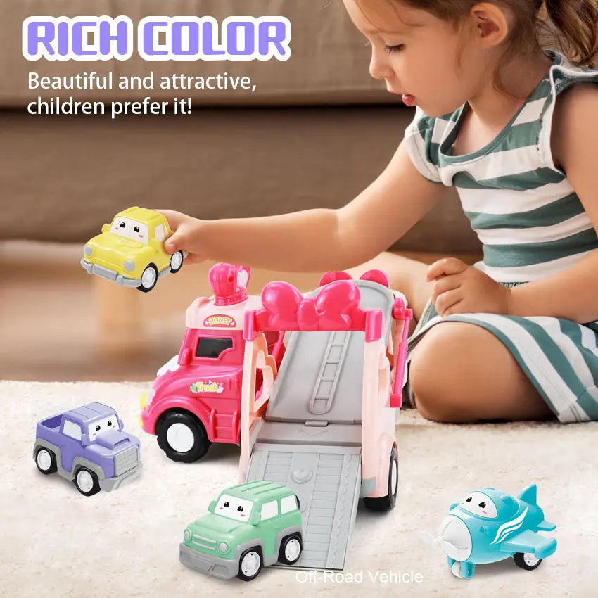 HKM-746963 Pull Back Inertia Truck Car Set with Lights and Music for Kids - Pink Friction Toy