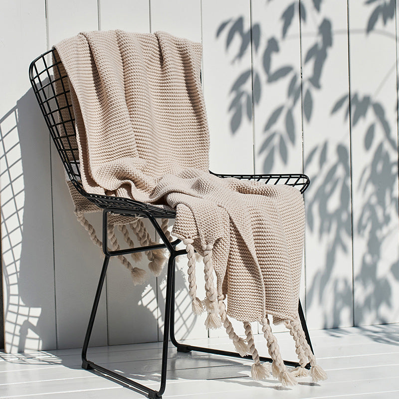 HKM-747283 Nordic Style Knitted Tassel Blanket for Office and Leisure, Solid White, 130x170cm