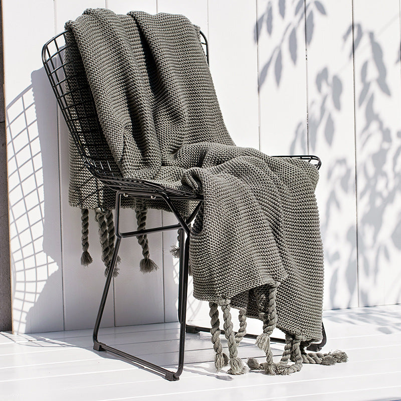 HKM-747283 Nordic Style Knitted Tassel Blanket for Office and Leisure, Solid White, 130x170cm