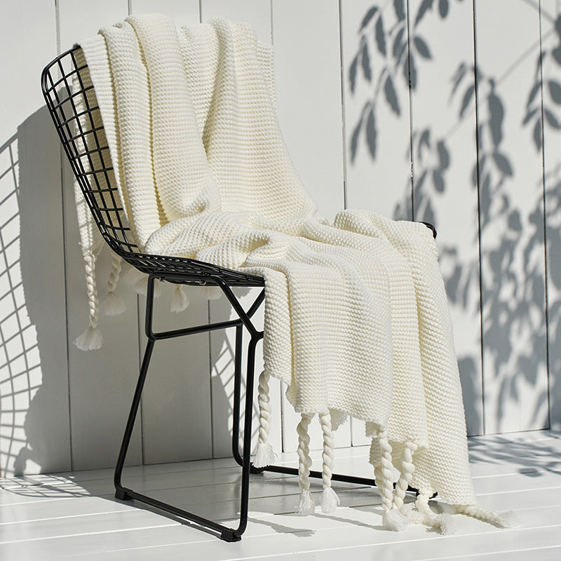 HKM-747283 Nordic Style Knitted Tassel Blanket for Office and Leisure, Solid White, 130x170cm