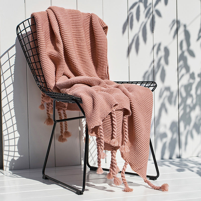 HKM-747283 Nordic Style Knitted Tassel Blanket for Office and Leisure, Solid White, 130x170cm