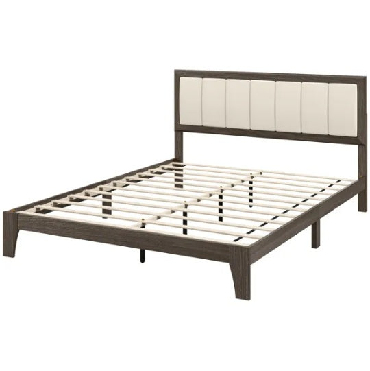 HKM-747539 Upholstered Queen Size Bed Frame with Adjustable Feet and 726 lbs Weight Capacity, Linen-Fabric Headboard, Easy Assembly