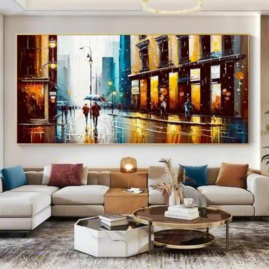 HKM-747795 Handmade Oil Painting Canvas - Modern Abstract Urban Architectural Street Scene Wall Art for Home Decor