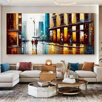 HKM-747795 Handmade Oil Painting Canvas - Modern Abstract Urban Architectural Street Scene Wall Art for Home Decor