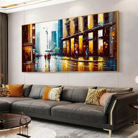HKM-747795 Handmade Oil Painting Canvas - Modern Abstract Urban Architectural Street Scene Wall Art for Home Decor