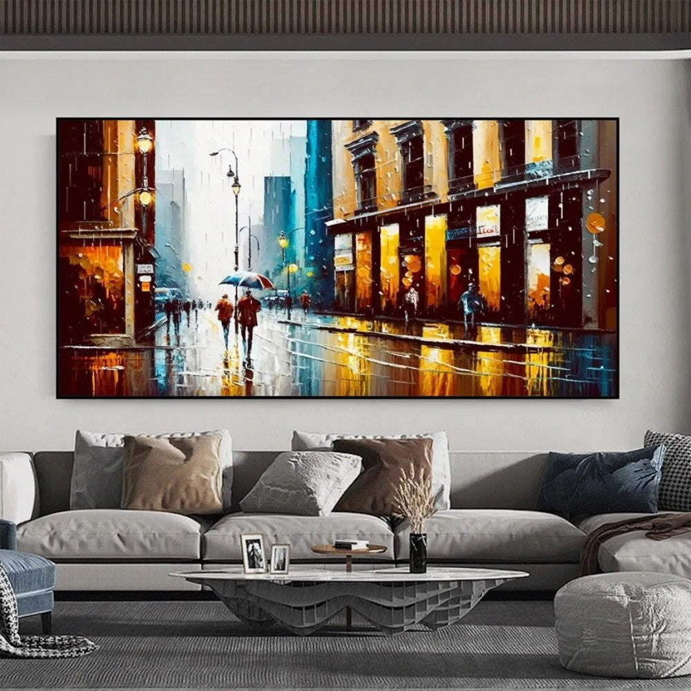 HKM-747795 Handmade Oil Painting Canvas - Modern Abstract Urban Architectural Street Scene Wall Art for Home Decor