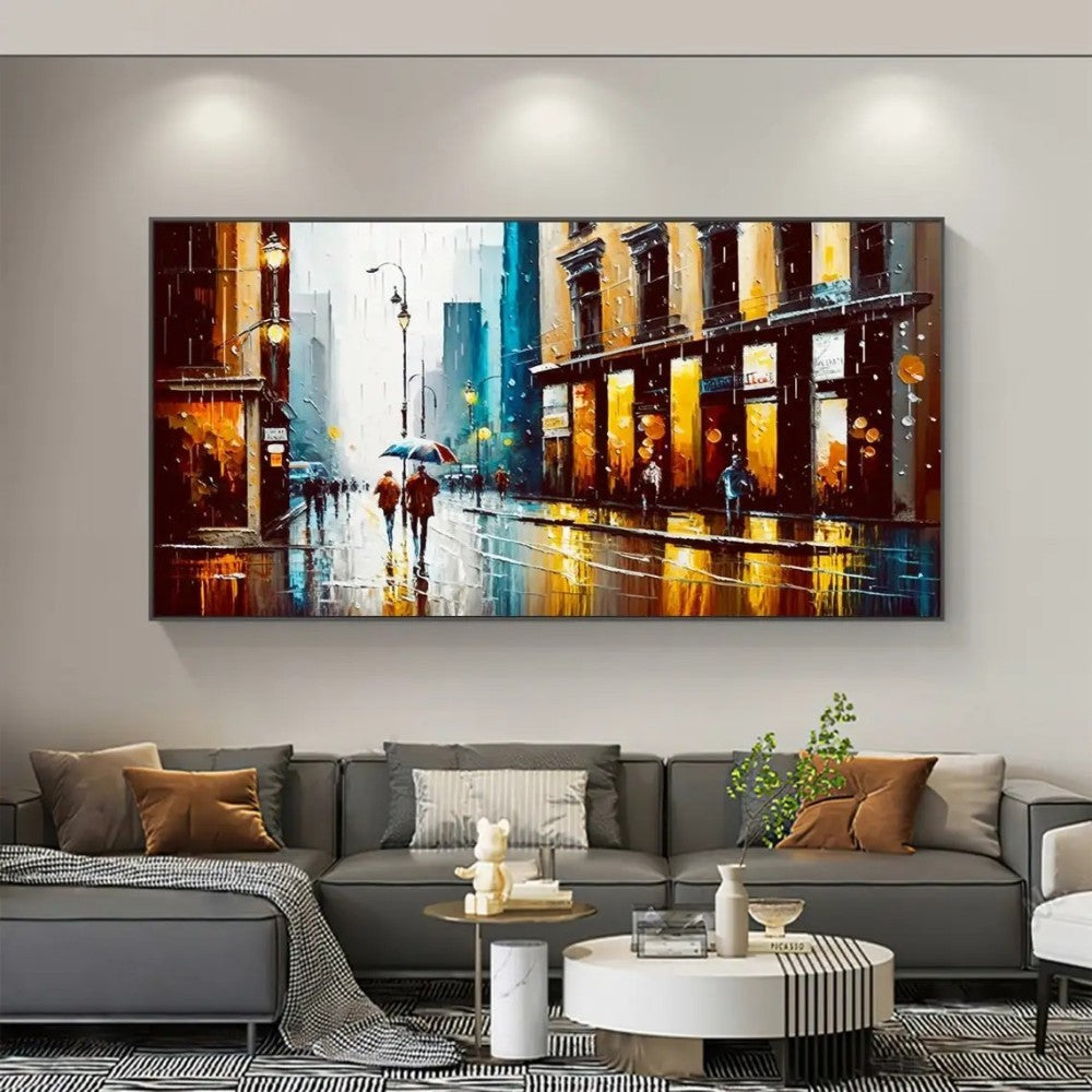 HKM-747795 Handmade Oil Painting Canvas - Modern Abstract Urban Architectural Street Scene Wall Art for Home Decor