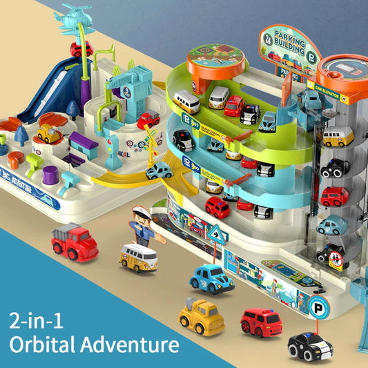 HKM-748115 2-in-1 Car Adventure Parking Lot with Rotary Elevator for Kids Age 3+ - Educational Building & Traffic Play Set