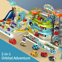 HKM-748115 2-in-1 Car Adventure Parking Lot with Rotary Elevator for Kids Age 3+ - Educational Building & Traffic Play Set