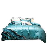HKM-748179 Luxury Cotton Satin Quilt Cover Set with Ocean Embroidery - 4 Piece Bedding Collection