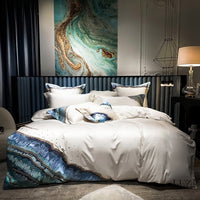 HKM-748179 Luxury Cotton Satin Quilt Cover Set with Ocean Embroidery - 4 Piece Bedding Collection