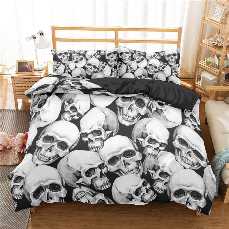 HKM-748691 Personalized Skull Design 3D Digital Print Bedding Set - Available in Various Sizes, Polyester Fiber Materials