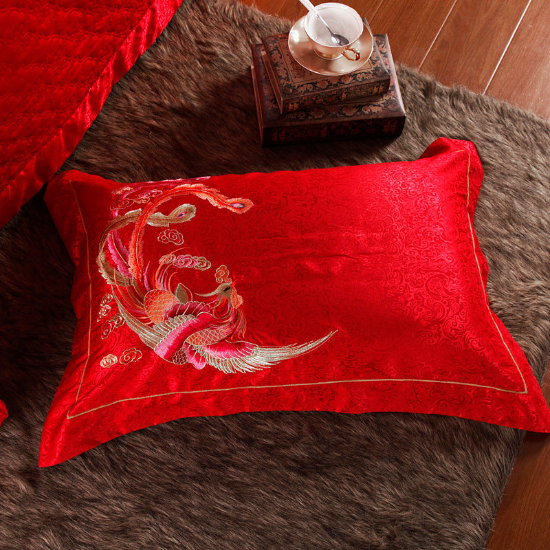 HKM-749011 Elegant Dragon and Phoenix Four-Piece Cotton Bedding Set - Suitable for Various Bed Sizes