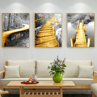 HKM-749011 Nordic Yellow Wooden Bridge Black and White Landscape Poster for Living Room Décor