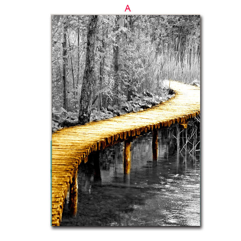 HKM-749011 Nordic Yellow Wooden Bridge Black and White Landscape Poster for Living Room Décor